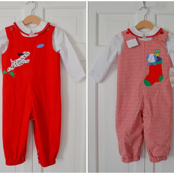 NWT Boys' Red & White Gingham Reversible Christmas Longall Outfit Size 24 - Picture 1 of 13
